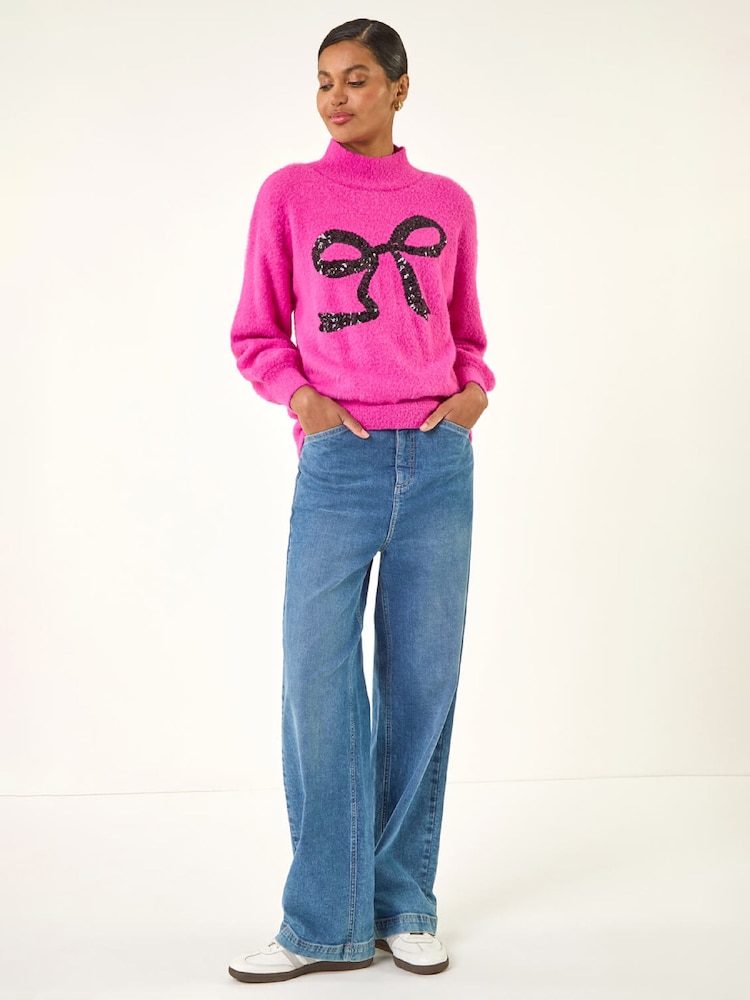 Roman Pink Festive Sequin Bow Knit Christmas Jumper - Image 2 of 5 Roman Pink Festive Sequin Bow Knit Christmas Jumper - Image 2 of 5