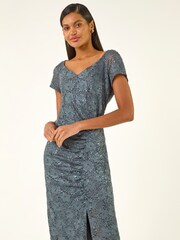 Roman Grey Shimmer Lace Side Ruched Stretch Dress - Image 2 of 5