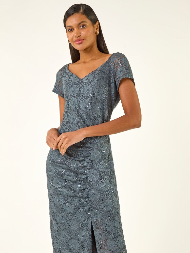 Roman Grey Shimmer Lace Side Ruched Stretch Dress - Image 2 of 5