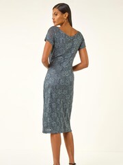 Roman Grey Shimmer Lace Side Ruched Stretch Dress - Image 3 of 5