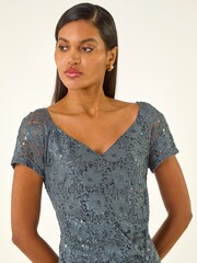 Roman Grey Shimmer Lace Side Ruched Stretch Dress - Image 4 of 5