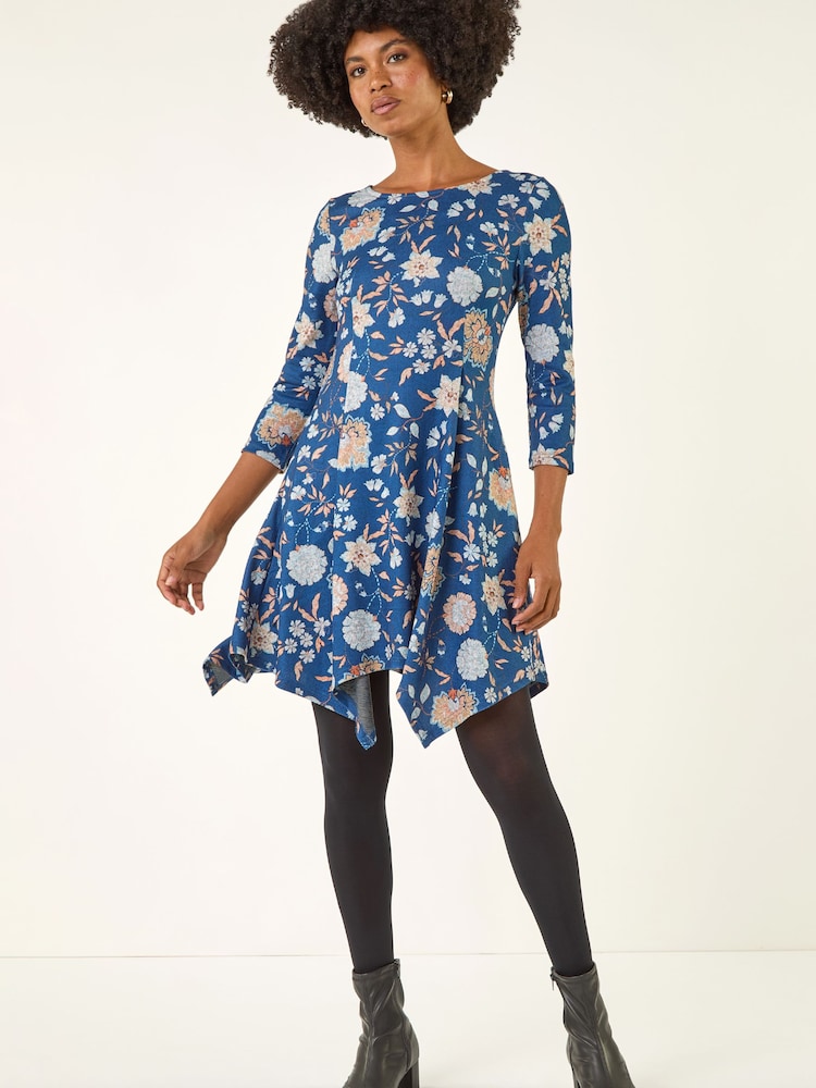 Roman Blue Floral Print Hanky Hem Stretch Dress - Image 1 of 5 Roman Blue Floral Print Hanky Hem Stretch Dress - Image 1 of 5
