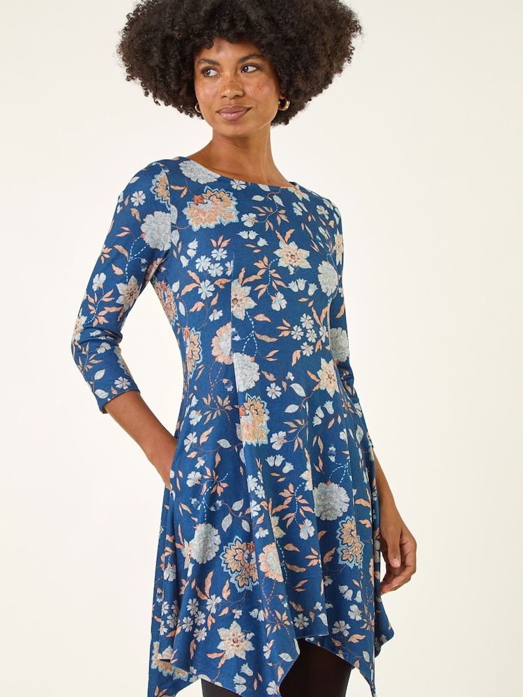 Roman Blue Floral Print Hanky Hem Stretch Dress - Image 2 of 5 Roman Blue Floral Print Hanky Hem Stretch Dress - Image 2 of 5