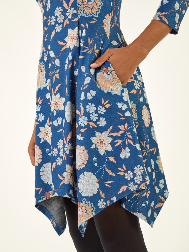 Roman Blue Floral Print Hanky Hem Stretch Dress - Image 5 of 5 Roman Blue Floral Print Hanky Hem Stretch Dress - Image 5 of 5