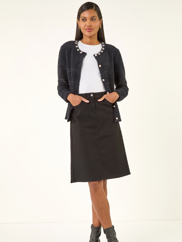 Roman Black Fluffy Pearl Knit Cardigan - Image 1 of 5 Roman Black Fluffy Pearl Knit Cardigan - Image 1 of 5