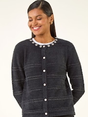 Roman Black Fluffy Pearl Knit Cardigan - Image 3 of 5