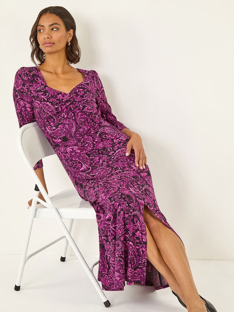 Roman Pink Paisley Print Ruched Midi Stretch Dress - Image 1 of 5 Roman Pink Paisley Print Ruched Midi Stretch Dress - Image 1 of 5