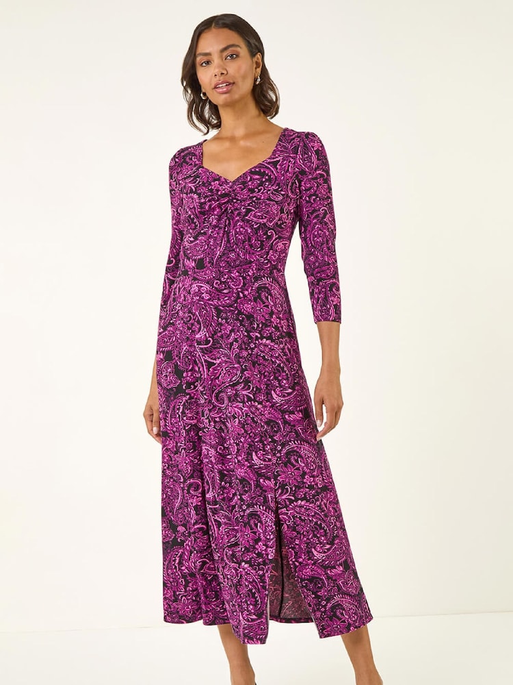 Roman Pink Paisley Print Ruched Midi Stretch Dress - Image 2 of 5 Roman Pink Paisley Print Ruched Midi Stretch Dress - Image 2 of 5