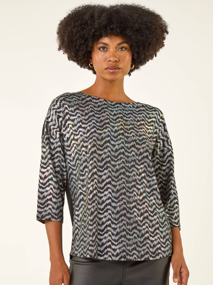 Roman Metallic Print Stretch Blouse - Image 2 of 5 Roman Metallic Print Stretch Blouse - Image 2 of 5