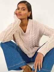 Roman White V-Neck Cable Knit Jumper - Image 1 of 5