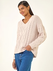 Roman White V-Neck Cable Knit Jumper - Image 4 of 5