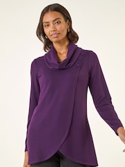 Roman Purple Wrap Front Cowl Neck Top - Image 3 of 5