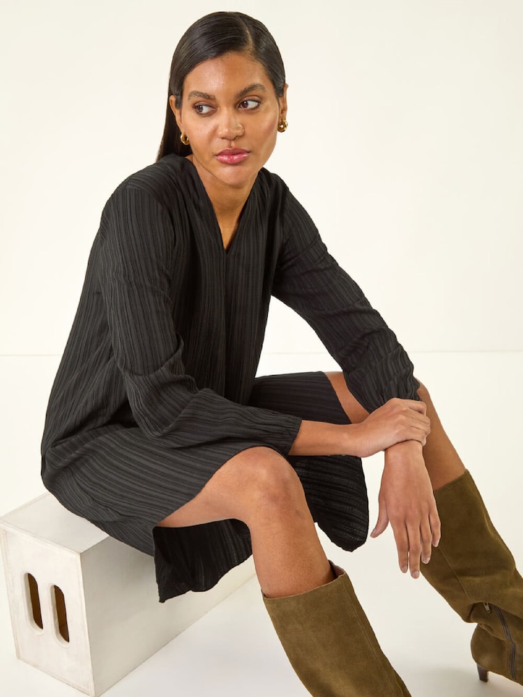 Roman Black Textured V-Neck Swing Dress - Image 1 of 5 Roman Black Textured V-Neck Swing Dress - Image 1 of 5