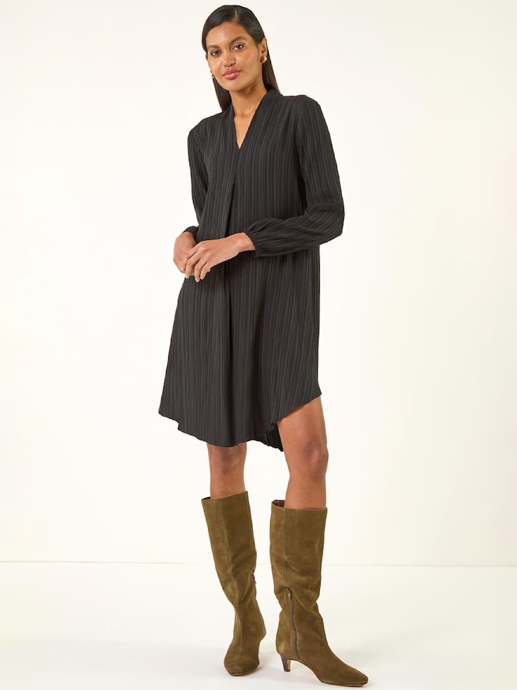 Roman Black Textured V-Neck Swing Dress - Image 2 of 5 Roman Black Textured V-Neck Swing Dress - Image 2 of 5