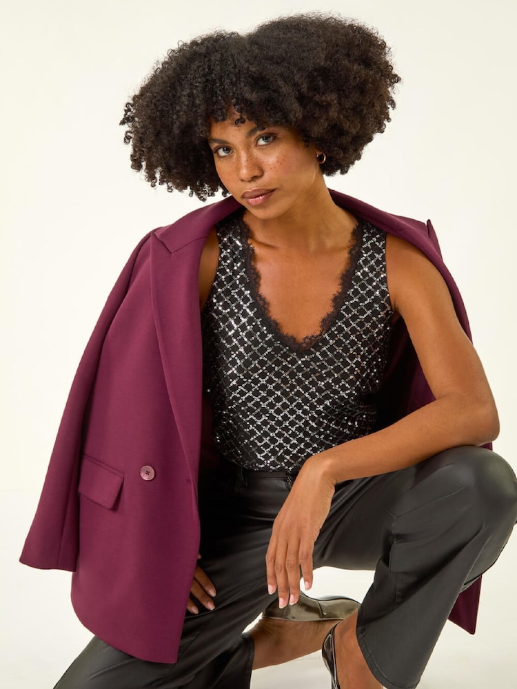 Roman Metallic Diamond Lace Sequin Vest Top - Image 1 of 5
