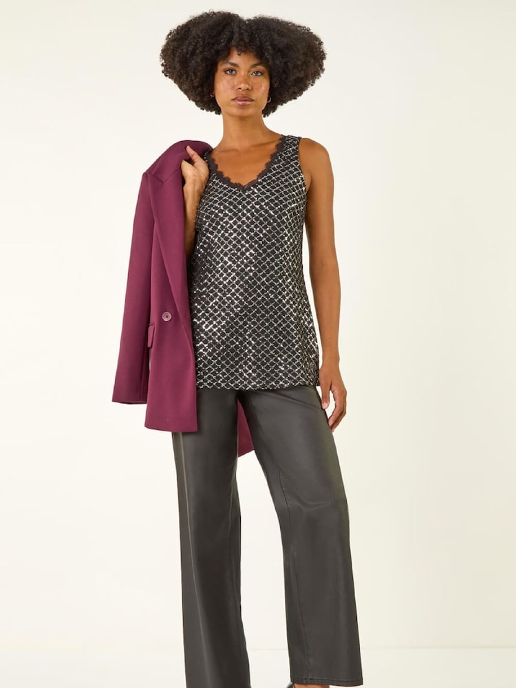 Roman Metallic Diamond Lace Sequin Vest Top - Image 2 of 5