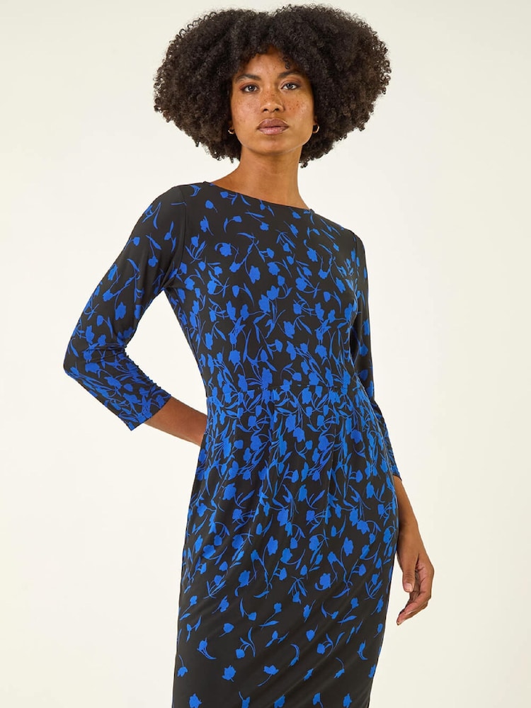 Roman Blue Floral Pleat Pocket Front Stretch Dress - Image 1 of 5 Roman Blue Floral Pleat Pocket Front Stretch Dress - Image 1 of 5