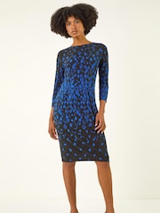 Roman Blue Floral Pleat Pocket Front Stretch Dress - Image 2 of 5