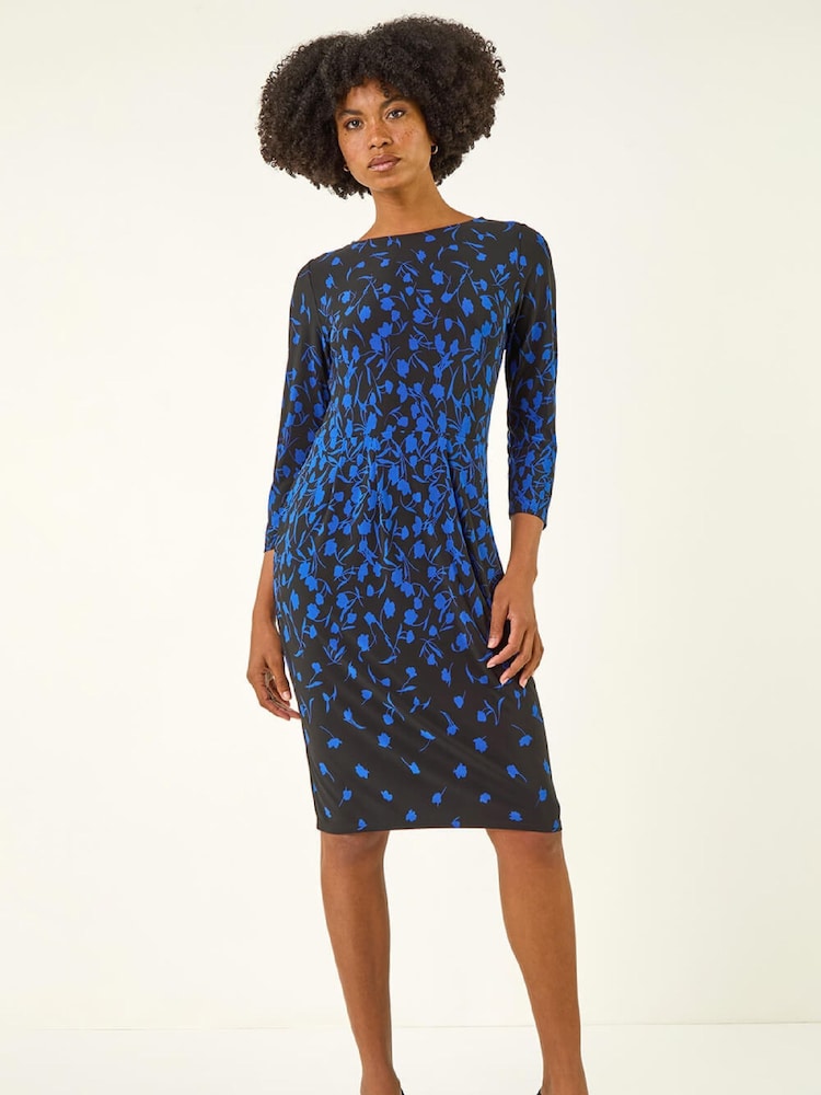 Roman Blue Floral Pleat Pocket Front Stretch Dress - Image 2 of 5 Roman Blue Floral Pleat Pocket Front Stretch Dress - Image 2 of 5