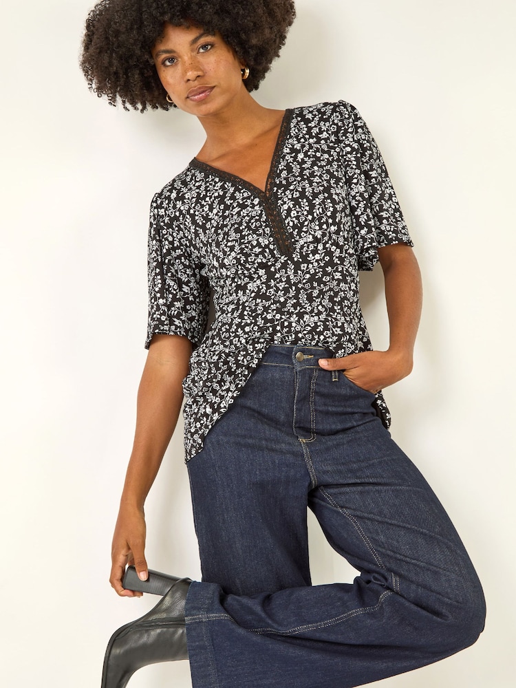 Roman Black Floral Print V-Neck Lace Stretch Tunic Top - Image 1 of 5