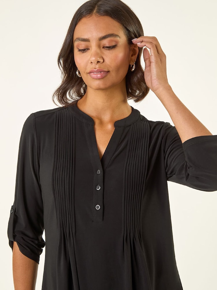 Roman Black Pintuck Button Stretch Blouse - Image 1 of 5 Roman Black Pintuck Button Stretch Blouse - Image 1 of 5