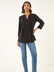 Roman Black Pintuck Button Stretch Blouse - Image 2 of 5