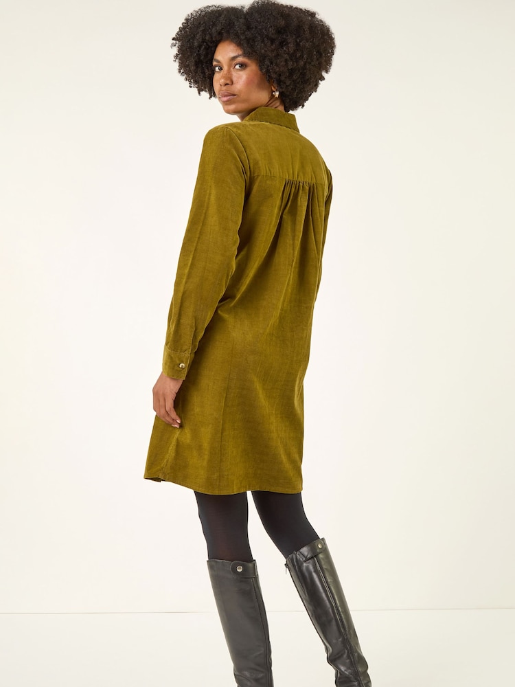 dark green corduroy shirt dress Long-sleeve Corduroy Shirt-dress For Women
