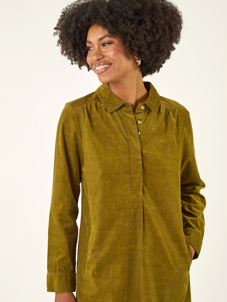 dark green corduroy shirt dress Green Corduroy Button Down Collared Dress