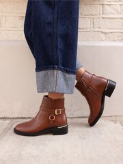Novo Brown Wide Fit Dora Buckle Ring Detail Flat Ankle Boots - Image 1 of 6