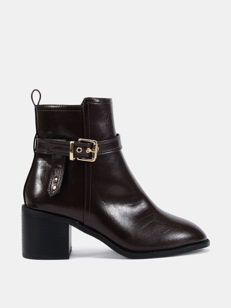 Novo Brown Jasmine Round Toe Block Heel Buckle Detail Ankle Boots - Image 2 of 6 Novo Brown Jasmine Round Toe Block Heel Buckle Detail Ankle Boots - Image 2 of 6