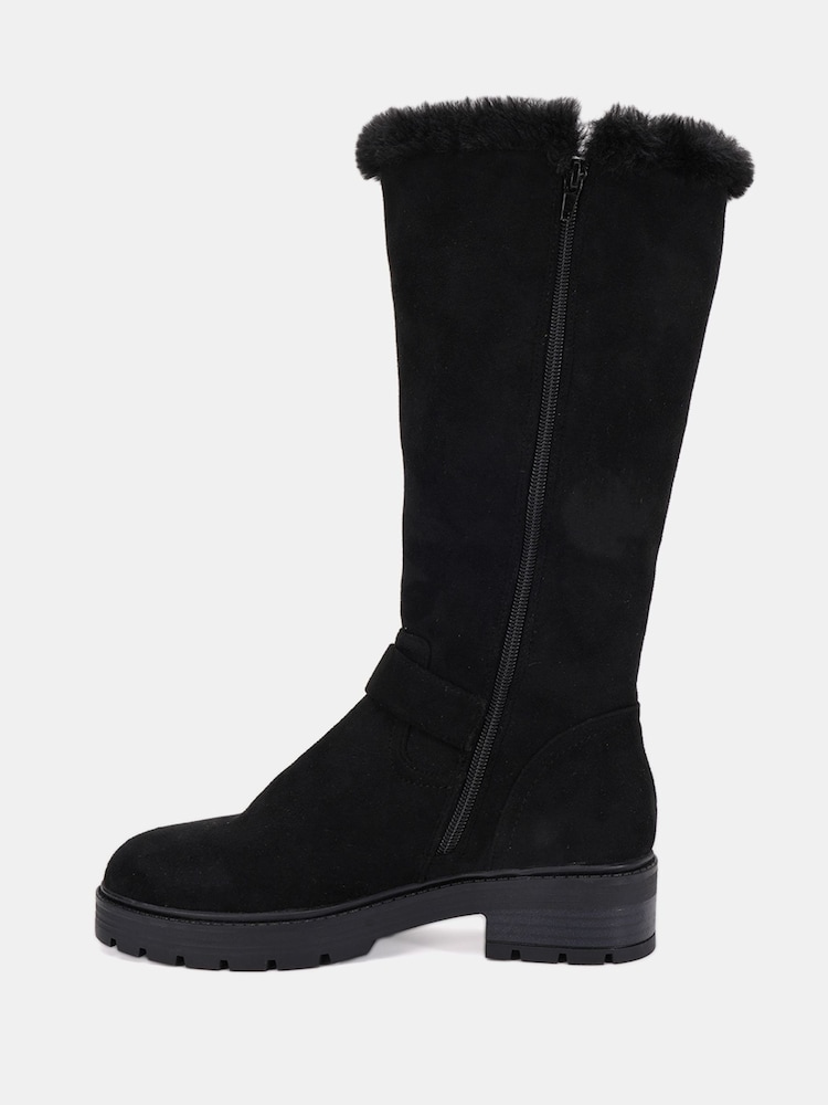 Novo Black Gillian Faux Fur Detail Knee High Flat Boots - Image 2 of 6
