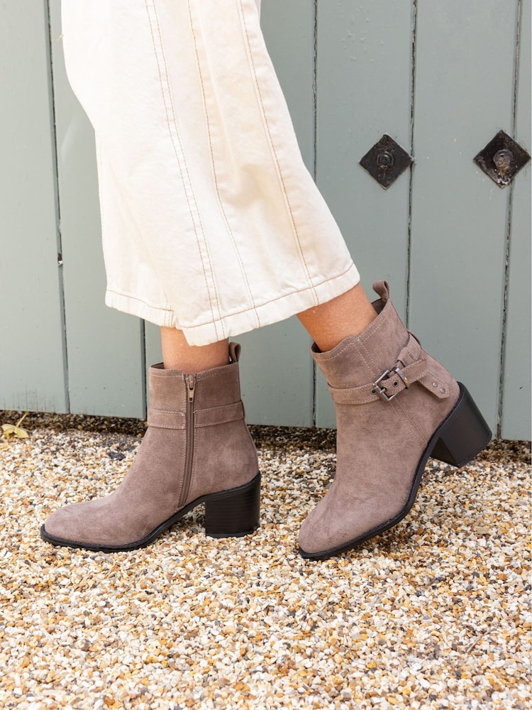 Novo Grey Jasmine Round Toe Block Heel Buckle Detail Ankle Boots - Image 1 of 6 Novo Grey Jasmine Round Toe Block Heel Buckle Detail Ankle Boots - Image 1 of 6