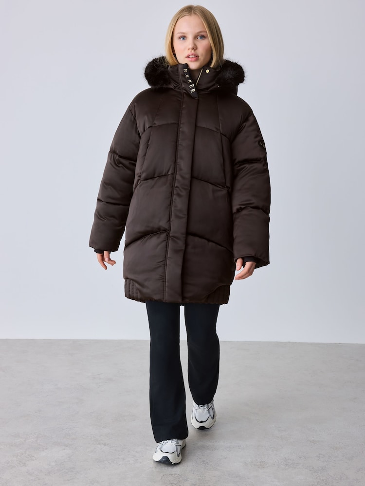 Baker by Ted Baker Shower Resistant Satin Padded Longline Chocolate Brown Coat - Image 1 of 8 Baker by Ted Baker Shower Resistant Satin Padded Longline Chocolate Brown Coat - Image 1 of 8