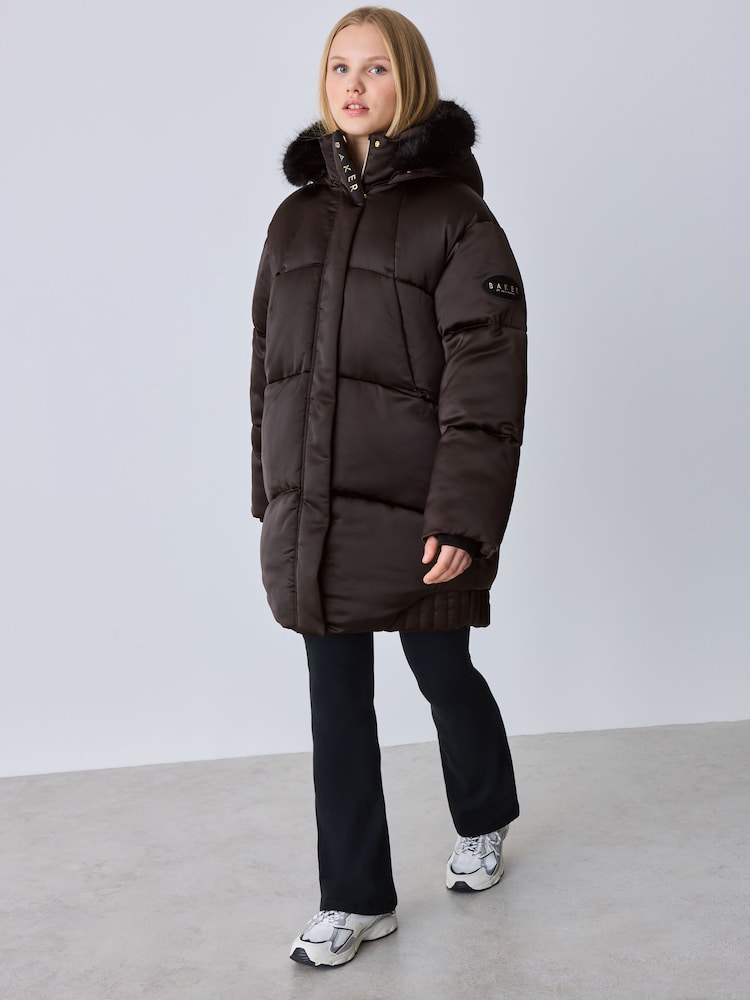 Baker by Ted Baker Shower Resistant Satin Padded Longline Chocolate Brown Coat - Image 2 of 8 Baker by Ted Baker Shower Resistant Satin Padded Longline Chocolate Brown Coat - Image 2 of 8