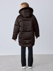 Baker by Ted Baker Shower Resistant Satin Padded Longline Chocolate Brown Coat - Image 3 of 8