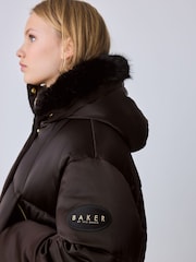 Baker by Ted Baker Shower Resistant Satin Padded Longline Chocolate Brown Coat - Image 4 of 8