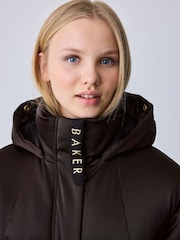 Baker by Ted Baker Shower Resistant Satin Padded Longline Chocolate Brown Coat - Image 5 of 8