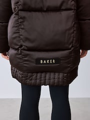 Baker by Ted Baker Shower Resistant Satin Padded Longline Chocolate Brown Coat - Image 6 of 8