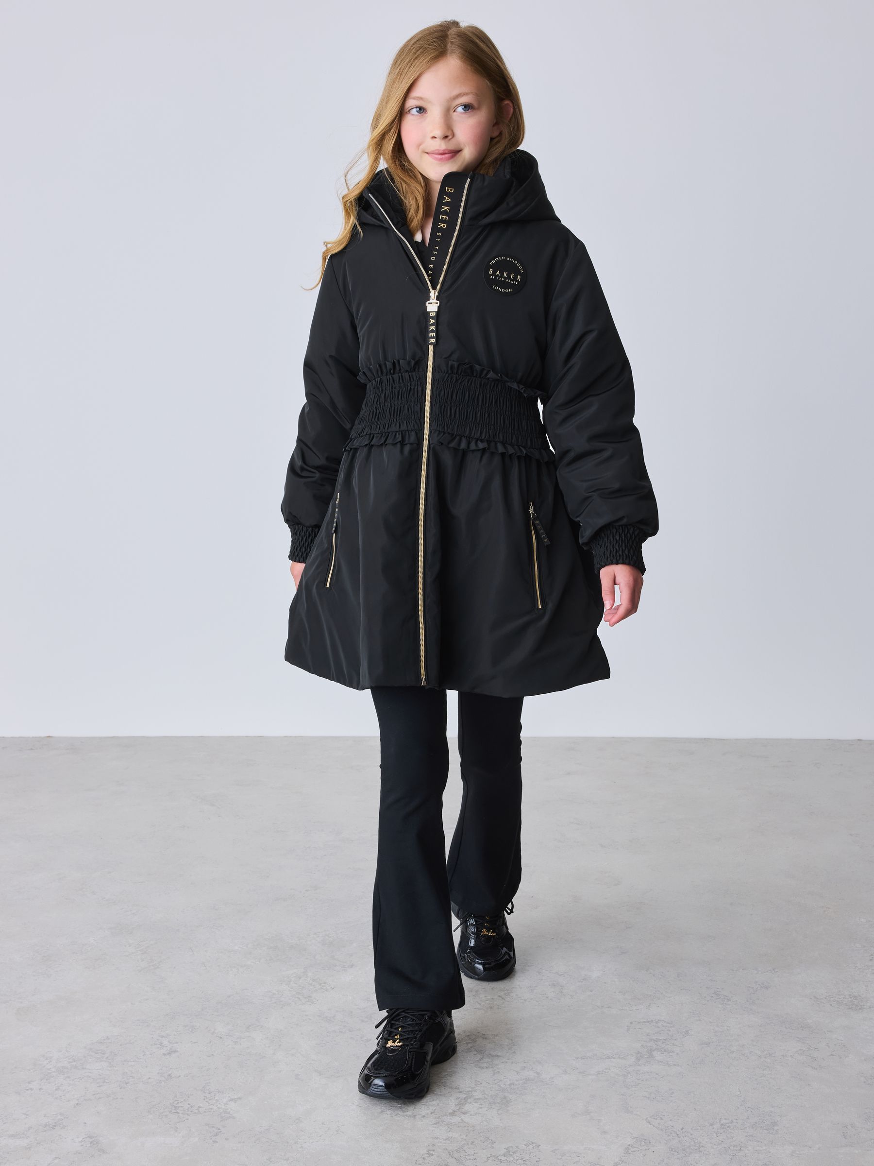 Baker by Ted Baker Shower Resistant Shirred Waist Black Raincoat