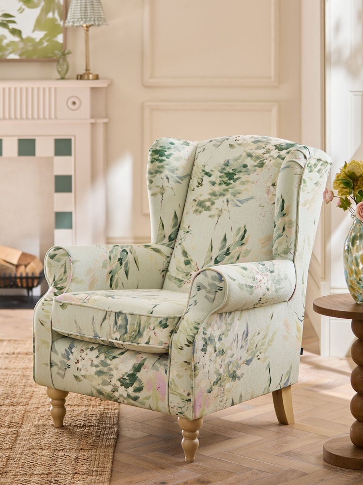 Relaxed Linen Look Feminine Floral Green Sherlock Highback Armchair - Image 1 of 9