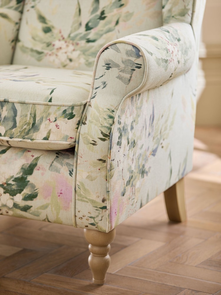 Relaxed Linen Look Feminine Floral Green Sherlock Highback Armchair - Image 2 of 9