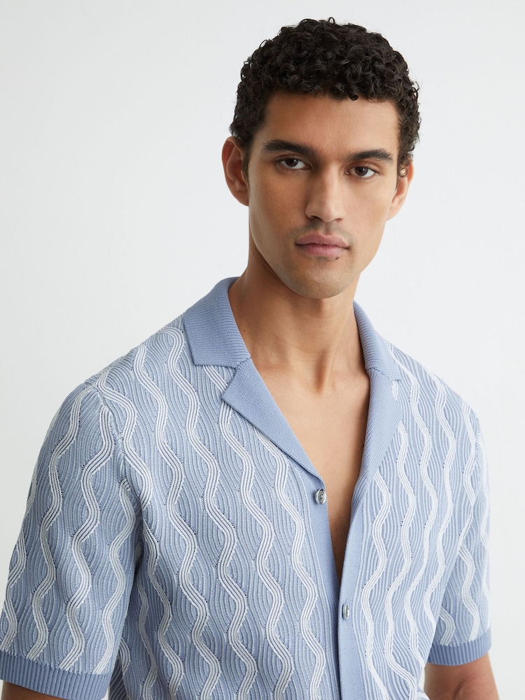 Reiss Soft Blue Johnny Wave-Knit Cuban-Collar Shirt - Image 1 of 6 Reiss Soft Blue Johnny Wave-Knit Cuban-Collar Shirt - Image 1 of 6