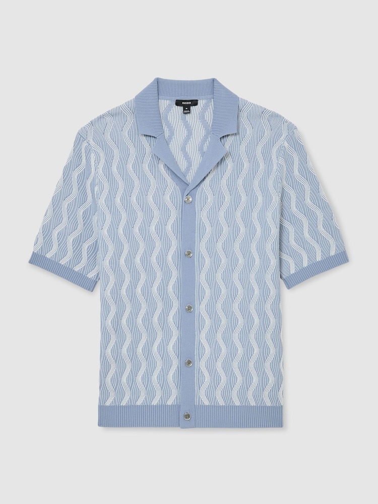 Reiss Soft Blue Johnny Wave-Knit Cuban-Collar Shirt - Image 2 of 6 Reiss Soft Blue Johnny Wave-Knit Cuban-Collar Shirt - Image 2 of 6