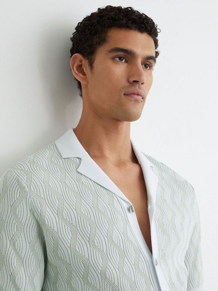 Reiss Soft Sage Johnny Wave-Knit Cuban-Collar Shirt - Image 1 of 6 Reiss Soft Sage Johnny Wave-Knit Cuban-Collar Shirt - Image 1 of 6