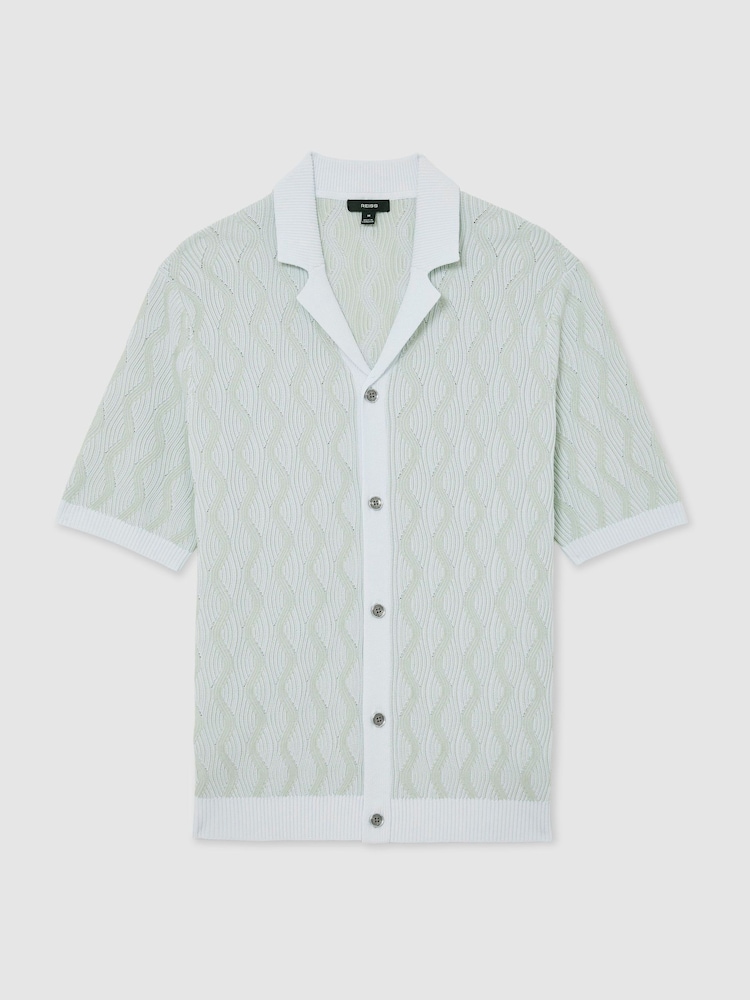 Reiss Soft Sage Johnny Wave-Knit Cuban-Collar Shirt - Image 2 of 6 Reiss Soft Sage Johnny Wave-Knit Cuban-Collar Shirt - Image 2 of 6