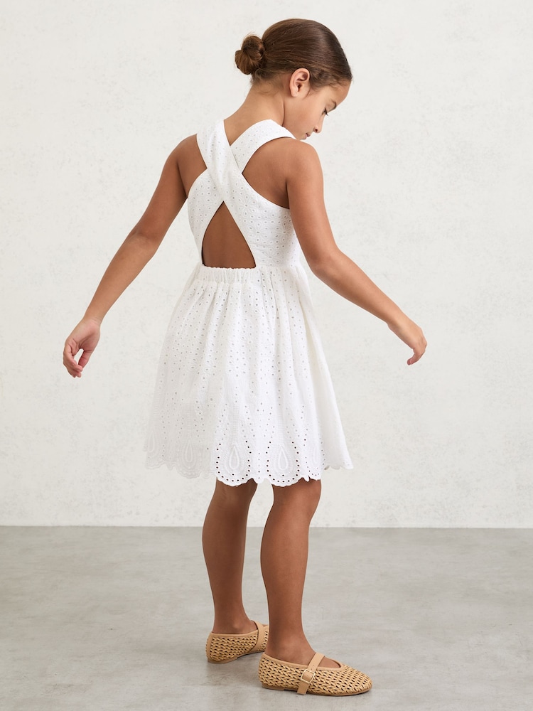 Reiss White Malia 13-14 yrs Cotton Broderie Cross-Back Dress - Image 2 of 5