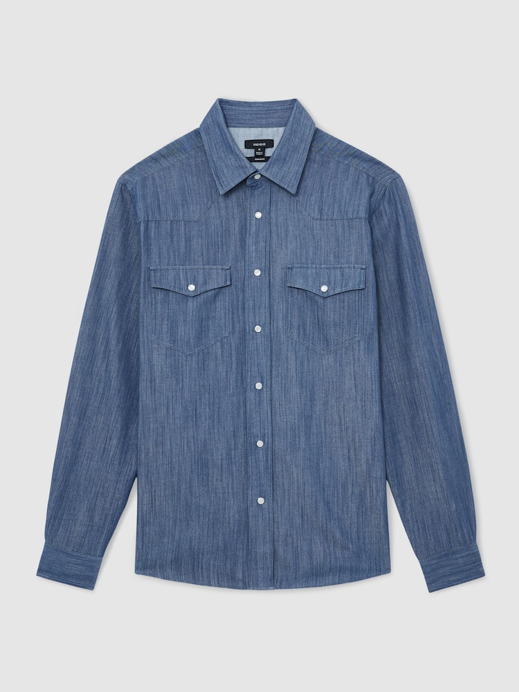 Reiss Indigo Blue Howie Denim Western Press-Stud Shirt Regular-Fit - Image 2 of 6