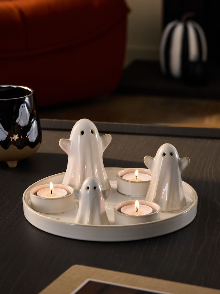 Cream Ceramic Halloween Ghosts Tealight Candle Holder Plate - Image 2 of 4 Cream Ceramic Halloween Ghosts Tealight Candle Holder Plate - Image 2 of 4