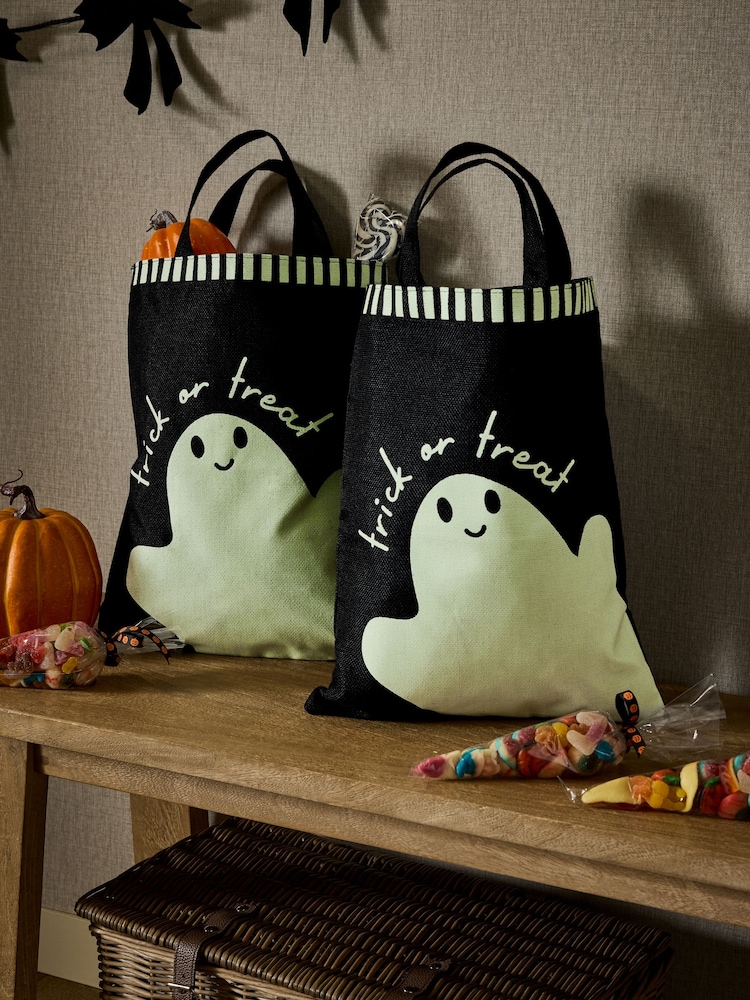 Set of 2 Black Glow in the Dark Ghost Trick or Treat Halloween Treat Bags - Image 1 of 2 Set of 2 Black Glow in the Dark Ghost Trick or Treat Halloween Treat Bags - Image 1 of 2