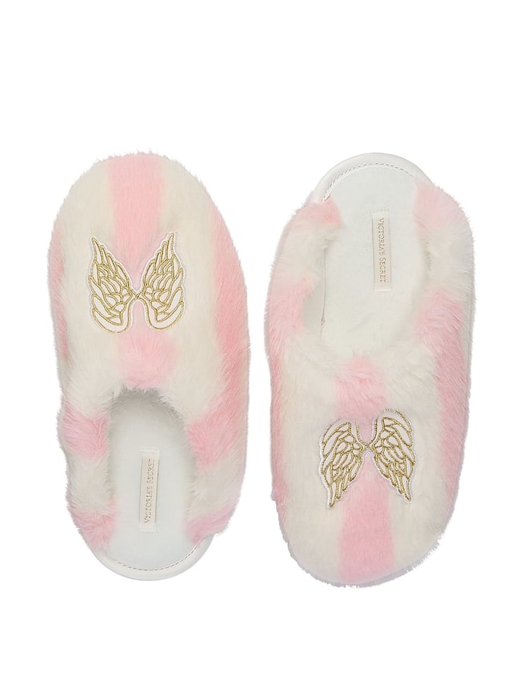 Victoria's Secret Pink Iconic Stripe Closed Toe Faux Fur Slippers - Image 1 of 2